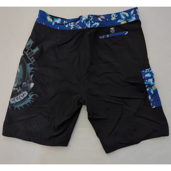 Fatal Wrecking Crew Tattooed Sailer Girl w/ Roses Board Shorts Black Blue Siz 36 - Picture 7 of 9